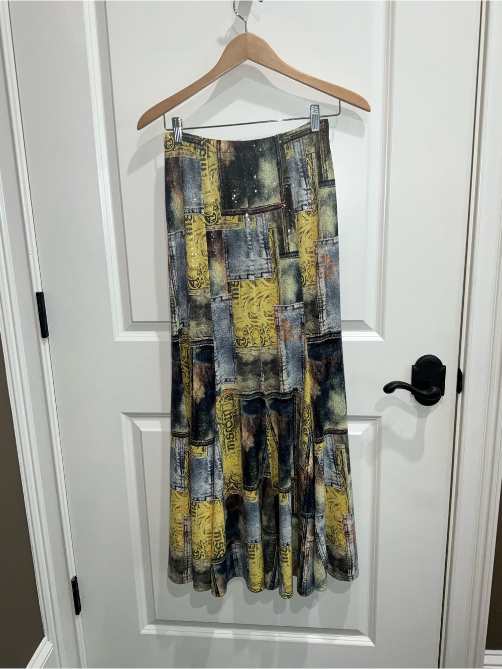 Joseph Ribkoff Yellow and Gray Patchwork Maxi Skirt